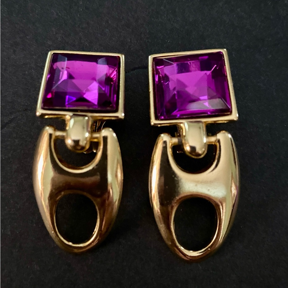 Vintage 1980’s Gold Tone Clip Earrings with Purple Stone Gold Oval Drop 2” L
